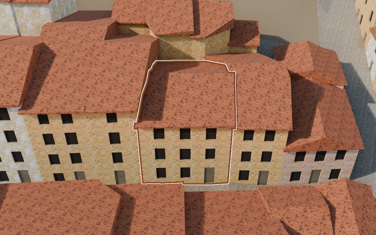 Manzana 43, n.º 14 en la reconstrucción 3D, vista desde su calle, con su contorno marcado en teja entre las casas de alrededor