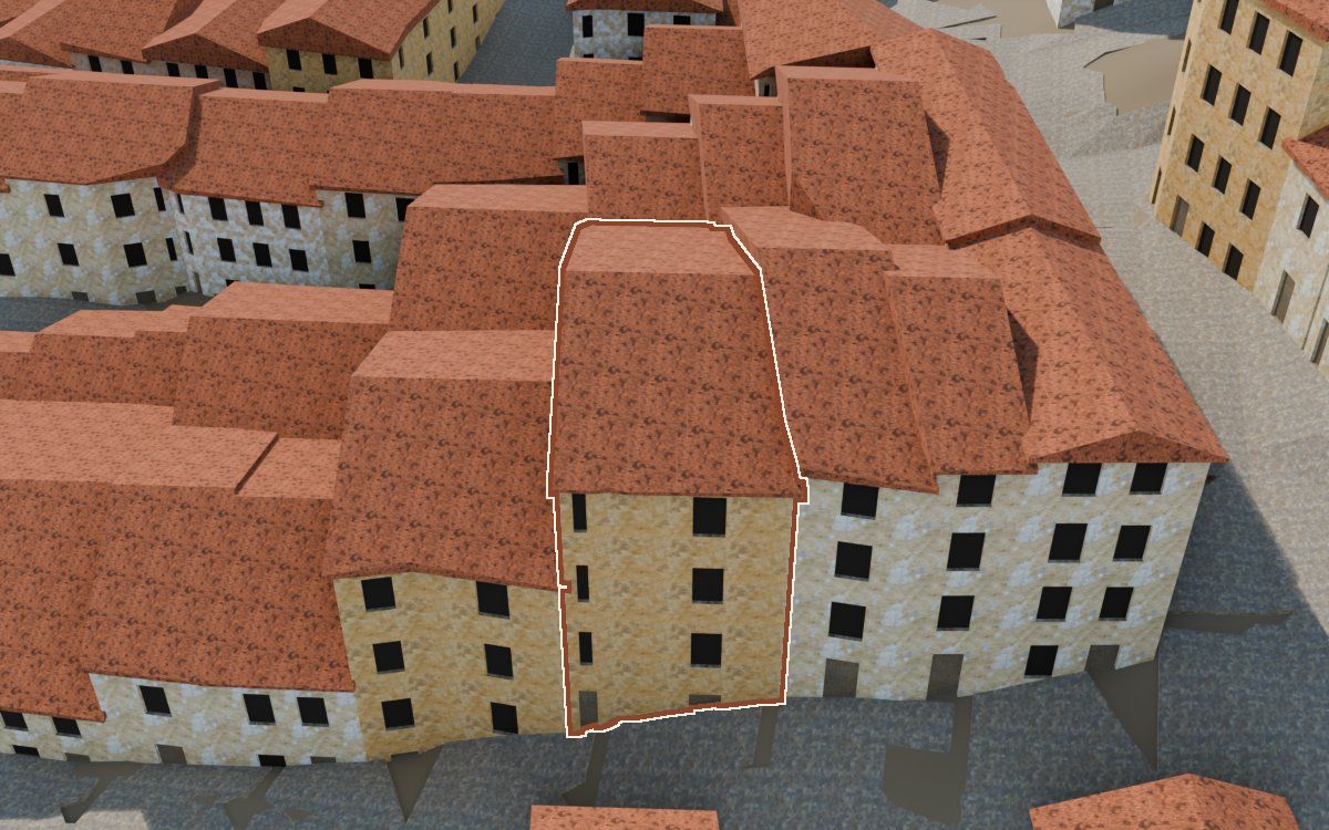 Manzana 28, n.º 31 en la reconstrucción 3D, vista desde su calle, con su contorno marcado en teja entre las casas de alrededor