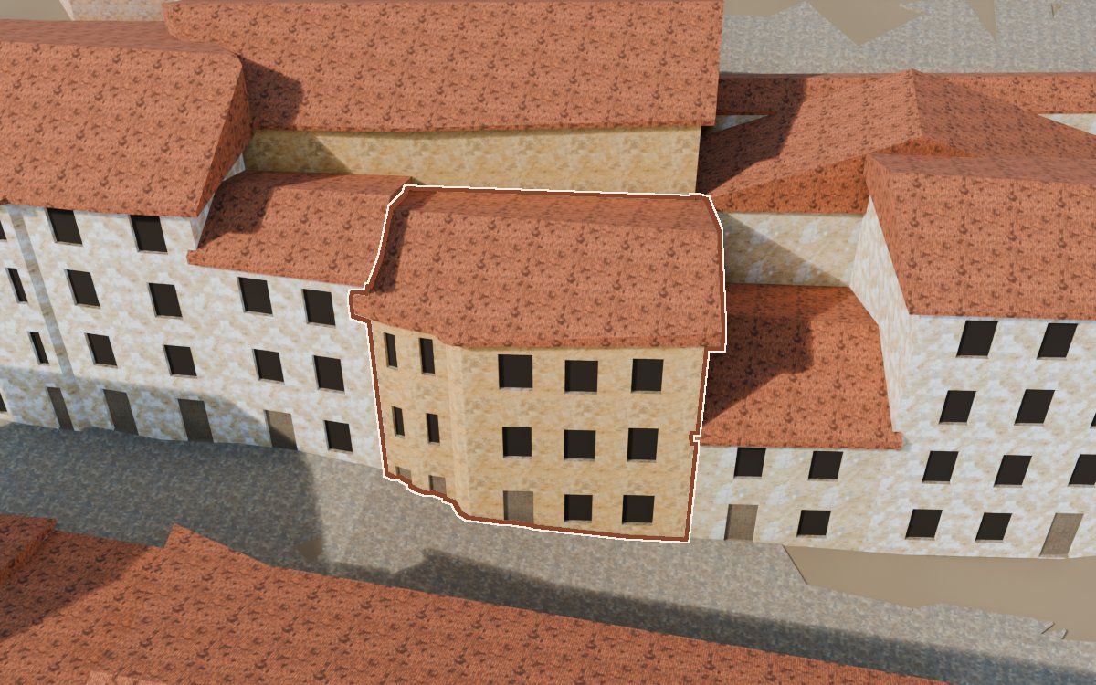 Manzana 44, n.º 5 en la reconstrucción 3D, vista desde su calle, con su contorno marcado en teja entre las casas de alrededor