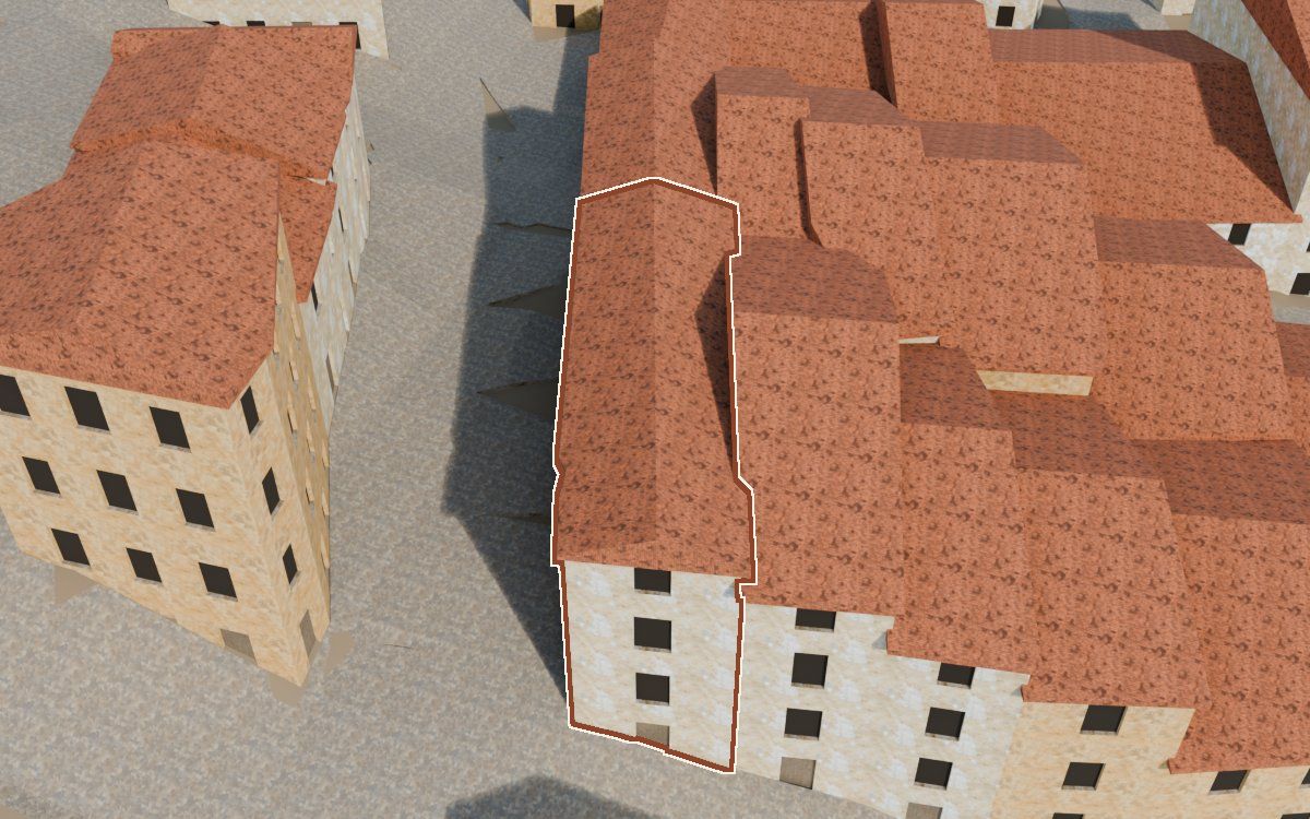 Manzana 28, n.º 1 en la reconstrucción 3D, vista desde el lado en que mejor se ve, con su contorno marcado en teja entre las casas de alrededor