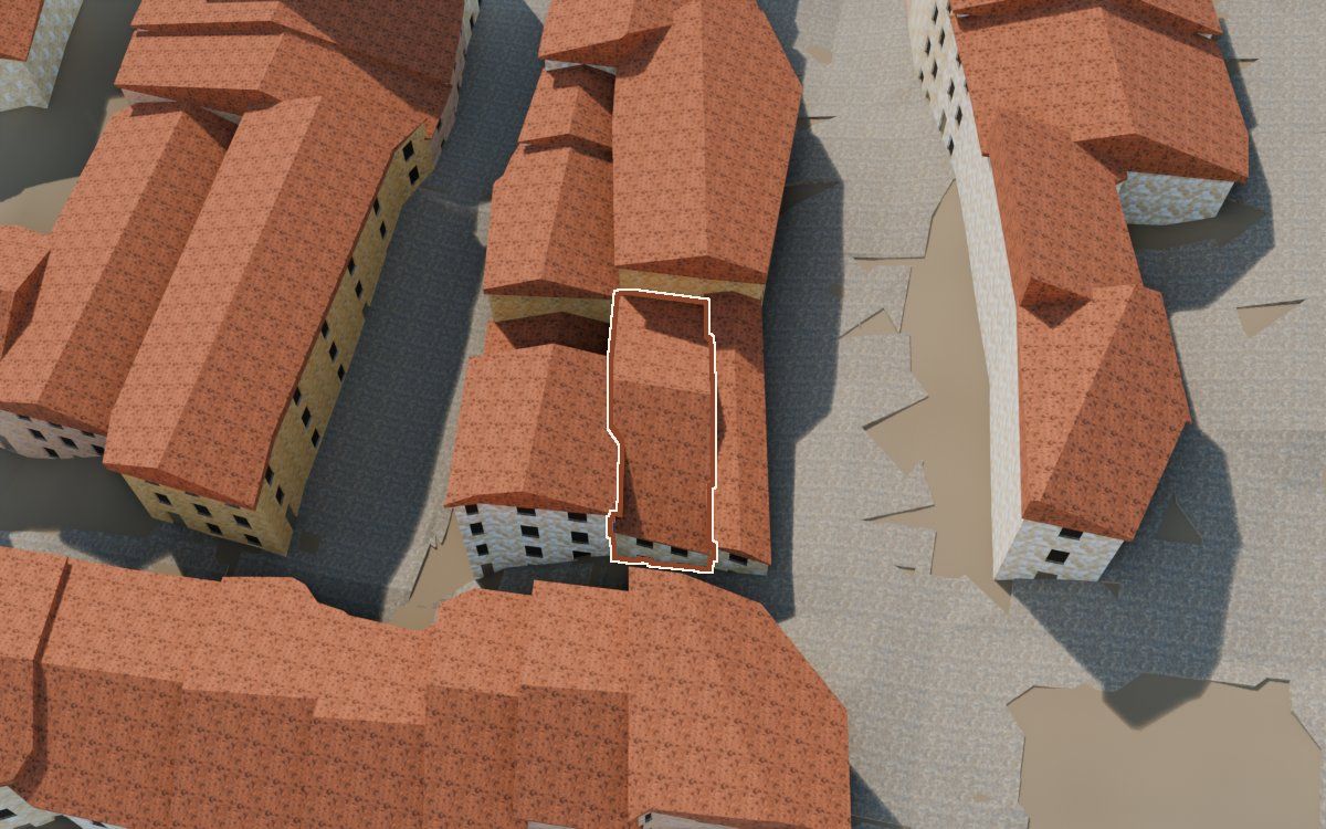 Manzana 44, n.º 8 en la reconstrucción 3D, vista desde el lado en que mejor se ve, con su contorno marcado en teja entre las casas de alrededor