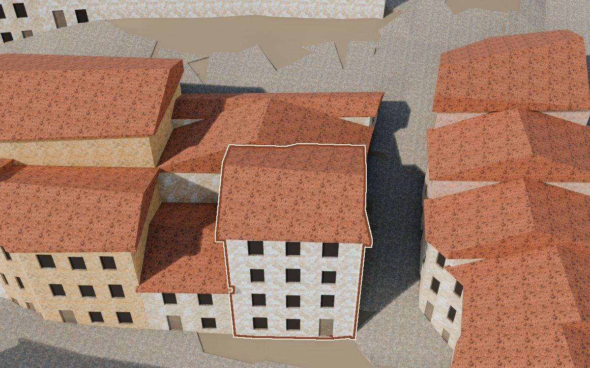 Manzana 44, n.º 7 en la reconstrucción 3D, vista desde el lado en que mejor se ve, con su contorno marcado en teja entre las casas de alrededor