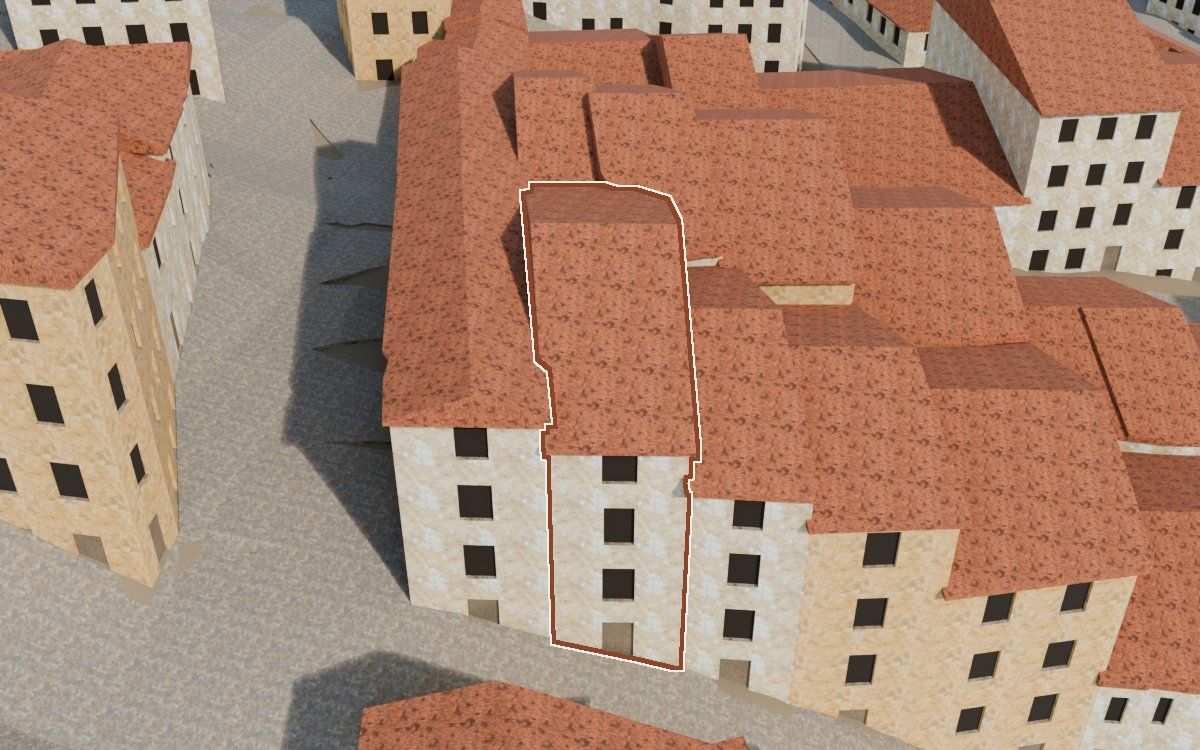 Manzana 28, n.º 2 en la reconstrucción 3D, vista desde su calle, con su contorno marcado en teja entre las casas de alrededor
