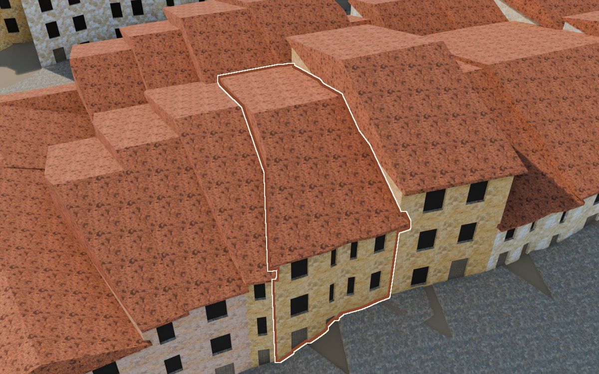 Manzana 28, n.º 24 en la reconstrucción 3D, vista desde el lado en que mejor se ve, con su contorno marcado en teja entre las casas de alrededor