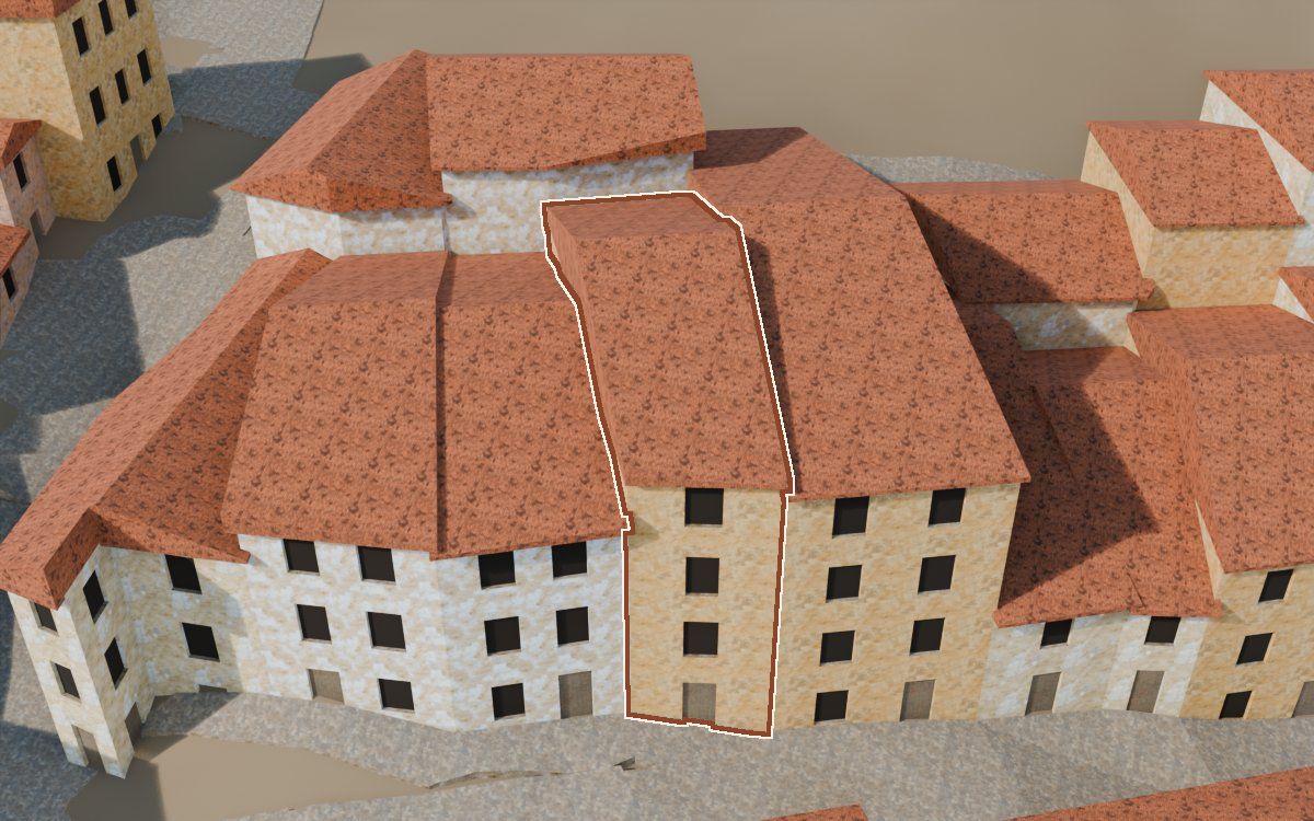 Casa cerca del Carrer Nou (Calle Nueva) en la reconstrucción 3D, vista desde su calle, con su contorno marcado en teja entre las casas de alrededor
