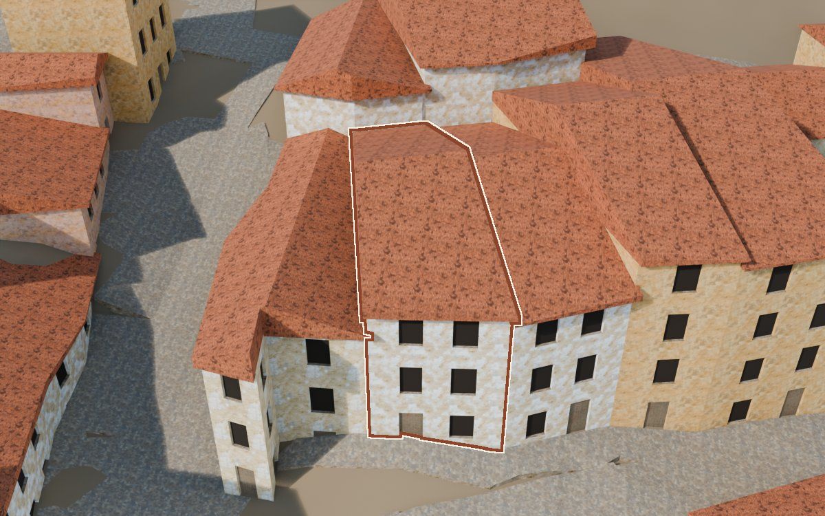 Manzana 43, n.º 3 en la reconstrucción 3D, vista desde su calle, con su contorno marcado en teja entre las casas de alrededor