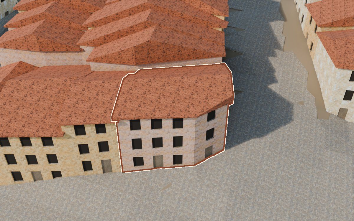 Manzana 28, n.º 19 en la reconstrucción 3D, vista desde su calle, con su contorno marcado en teja entre las casas de alrededor