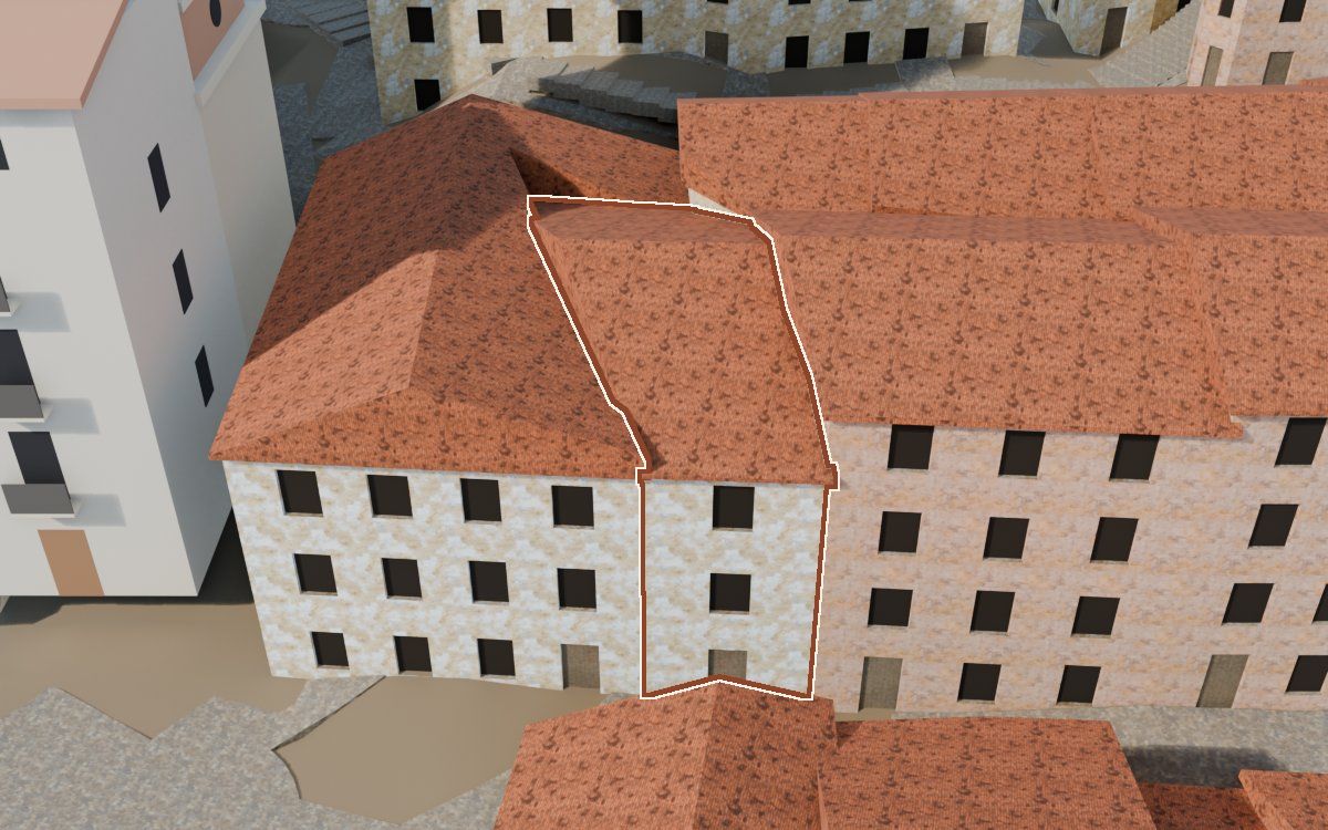Manzana 23, n.º 21 en la reconstrucción 3D, vista desde su calle, con su contorno marcado en teja entre las casas de alrededor