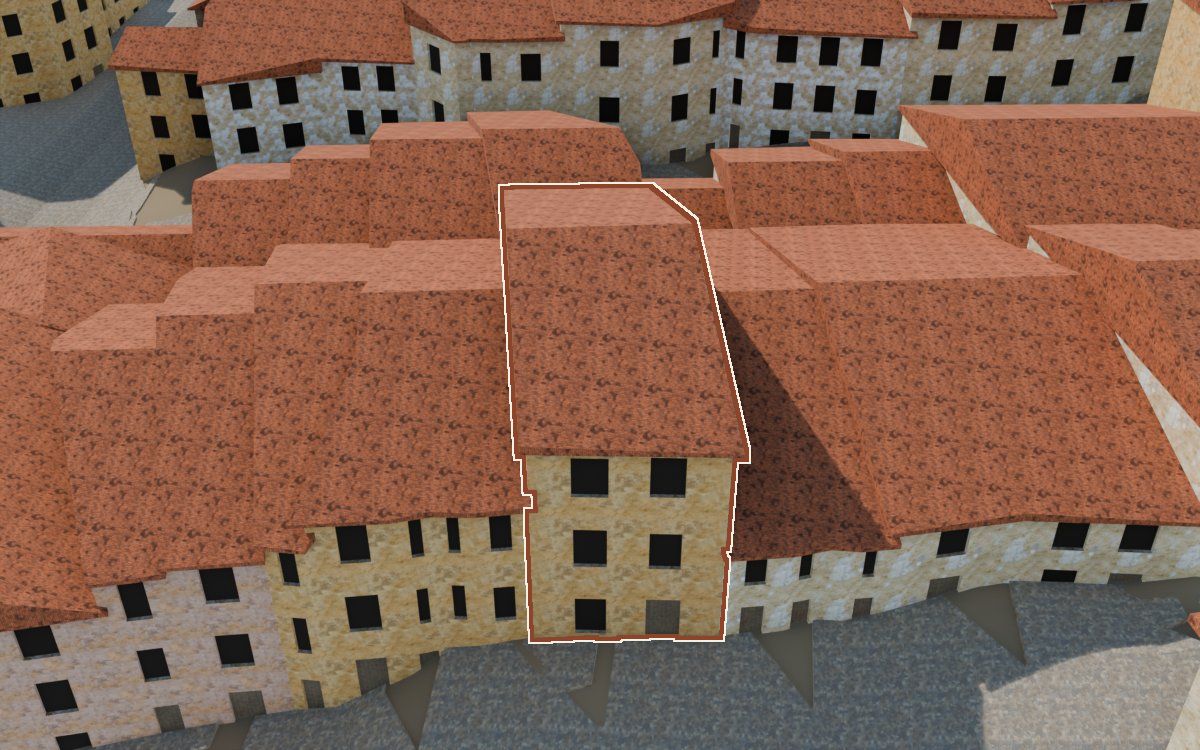 Manzana 28, n.º 25 en la reconstrucción 3D, vista desde su calle, con su contorno marcado en teja entre las casas de alrededor