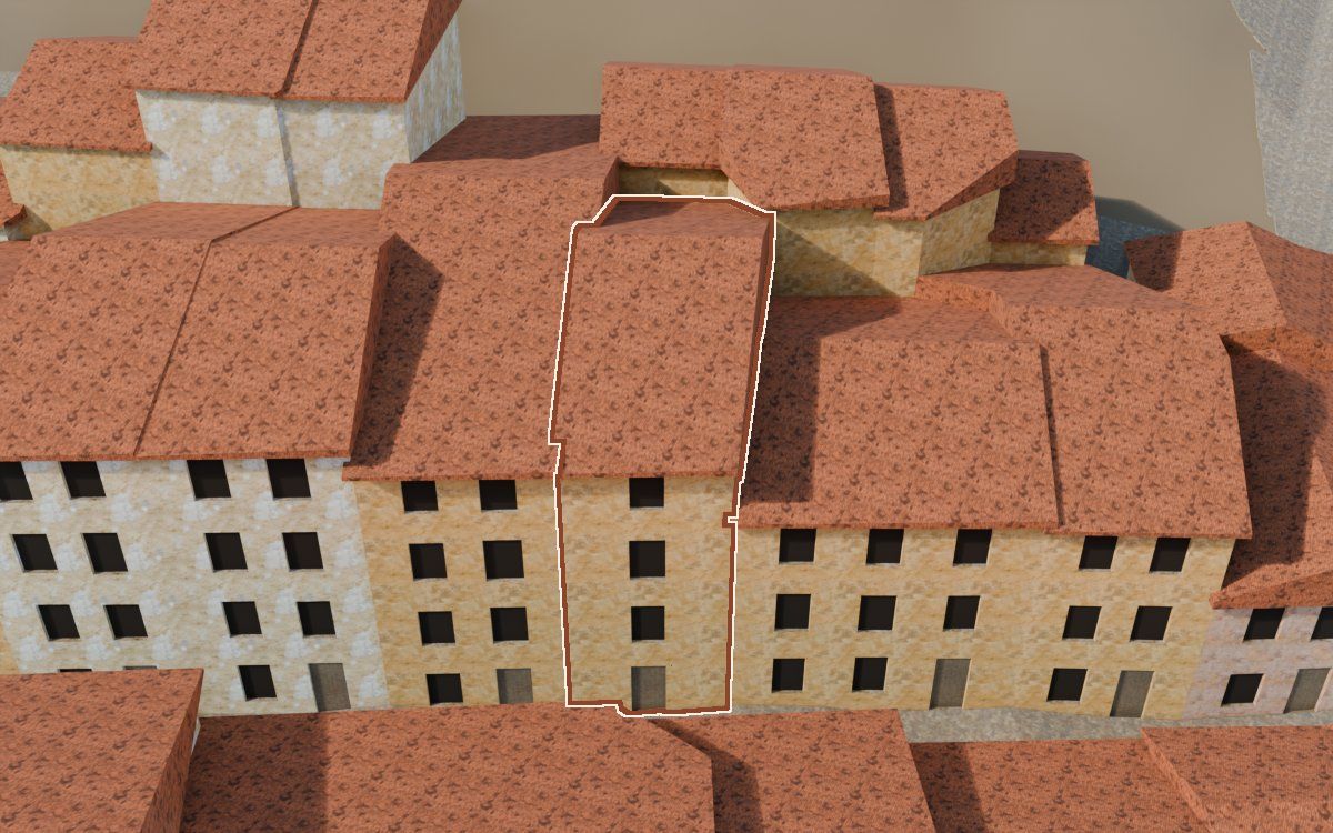 Manzana 43, n.º 13 en la reconstrucción 3D, vista desde su calle, con su contorno marcado en teja entre las casas de alrededor