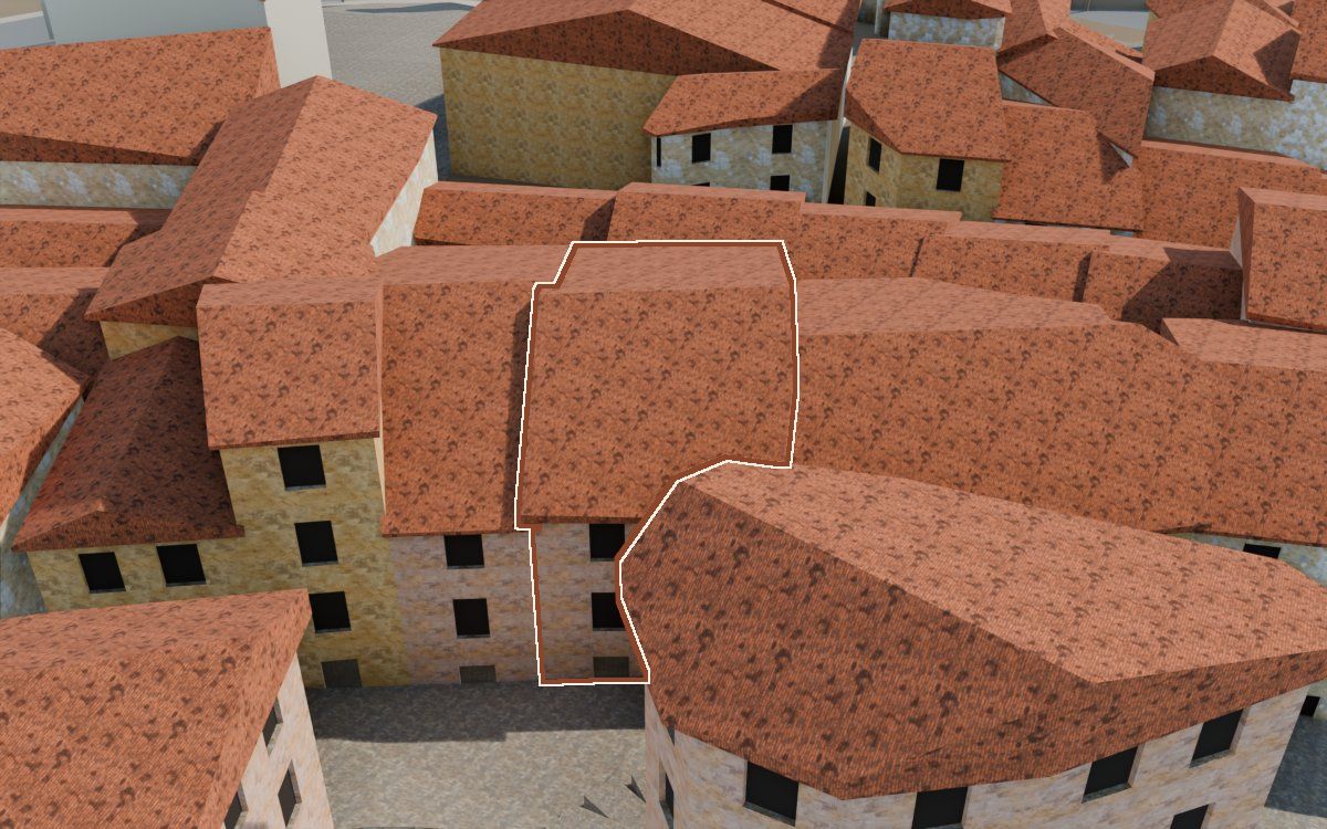 Manzana 23, n.º 9 y 3 en la reconstrucción 3D, vista desde su calle, con su contorno marcado en teja entre las casas de alrededor