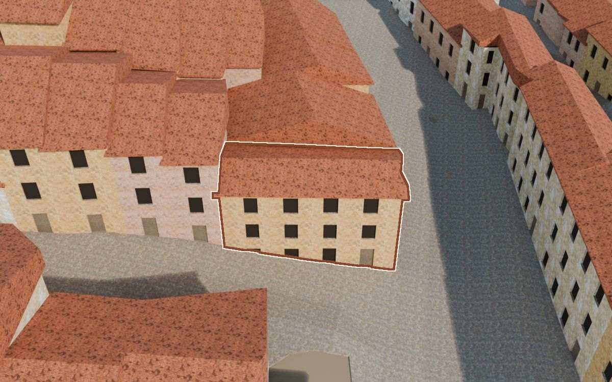 Manzana 28, n.º 16 en la reconstrucción 3D, vista desde su calle, con su contorno marcado en teja entre las casas de alrededor