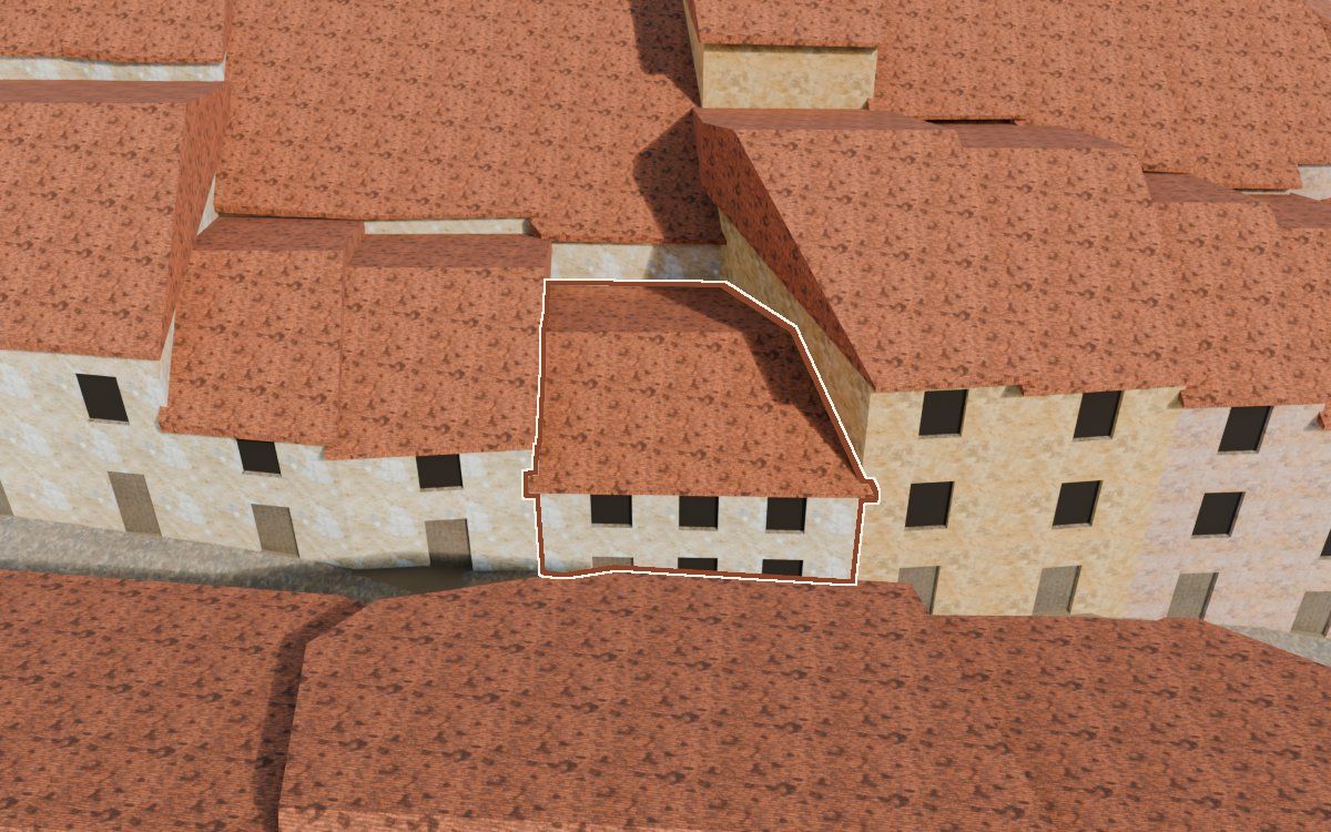 Manzana 28, n.º 9 en la reconstrucción 3D, vista desde su calle, con su contorno marcado en teja entre las casas de alrededor