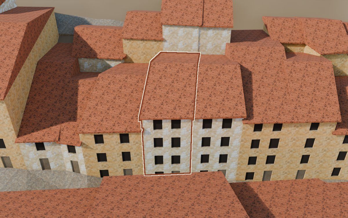 Manzana 43, n.º 10 en la reconstrucción 3D, vista desde su calle, con su contorno marcado en teja entre las casas de alrededor