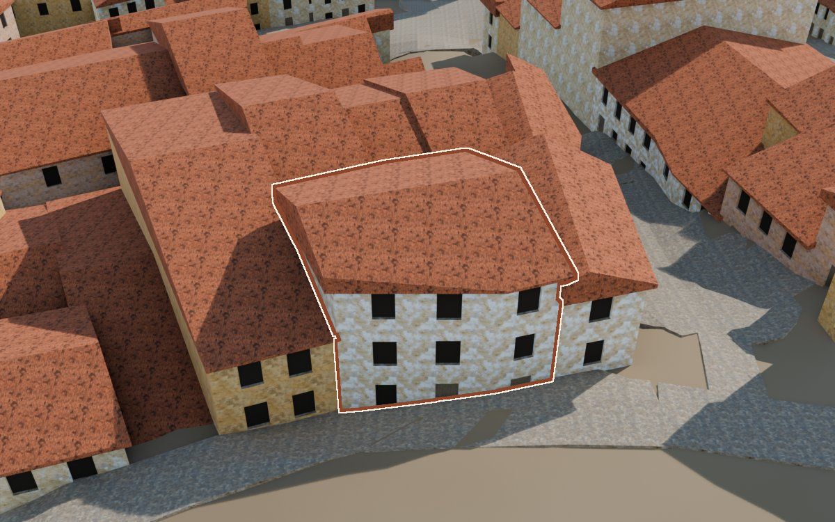 Manzana 43, n.º 26 en la reconstrucción 3D, vista desde su calle, con su contorno marcado en teja entre las casas de alrededor