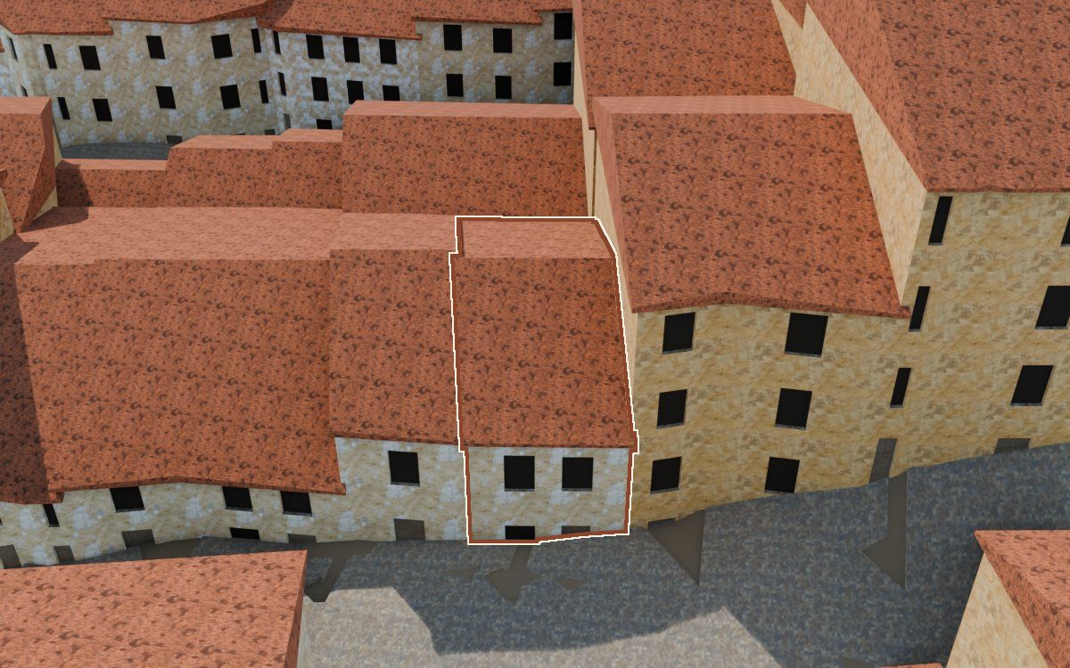 Manzana 28, n.º 29 en la reconstrucción 3D, vista desde su calle, con su contorno marcado en teja entre las casas de alrededor