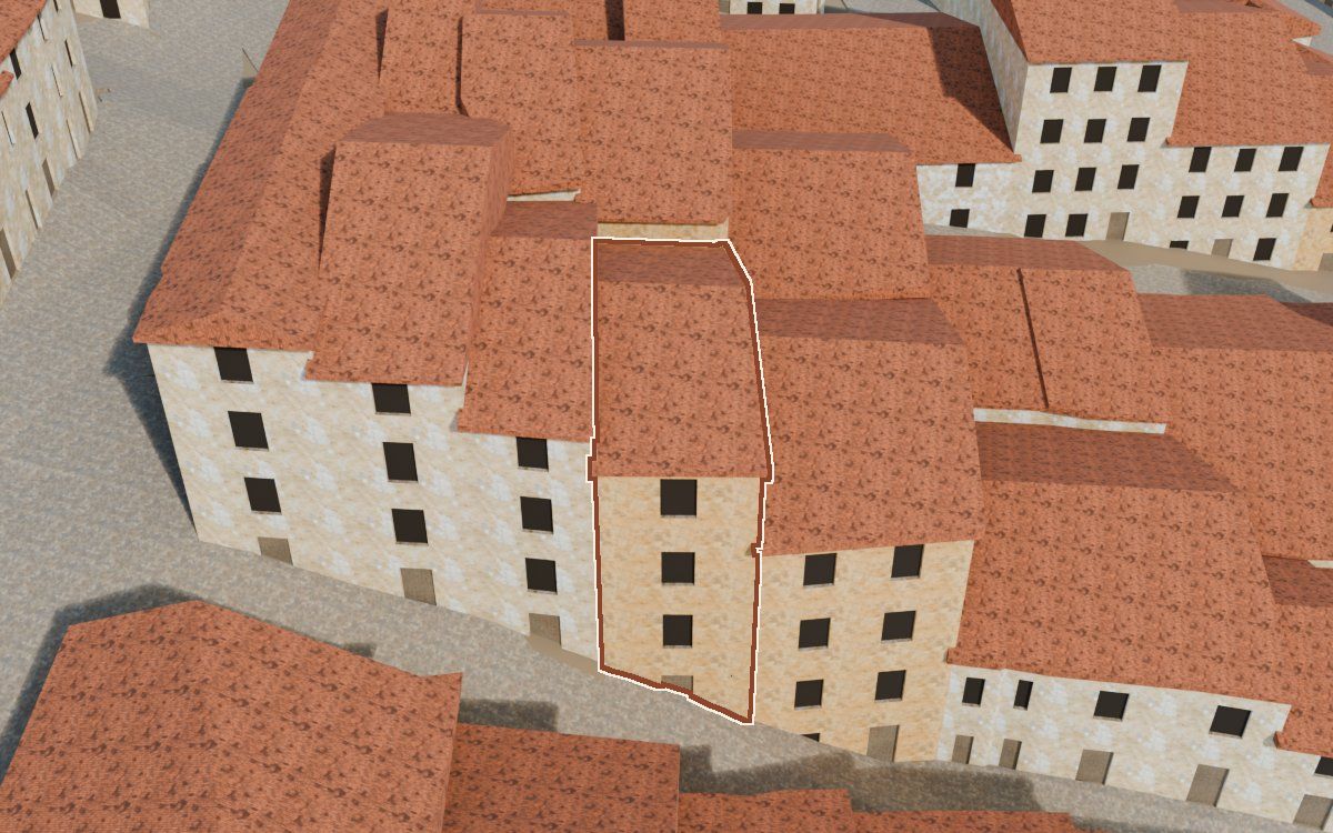 Casa del Carrer Magdalena (Calle Magdalena) en la reconstrucción 3D, vista desde su calle, con su contorno marcado en teja entre las casas de alrededor
