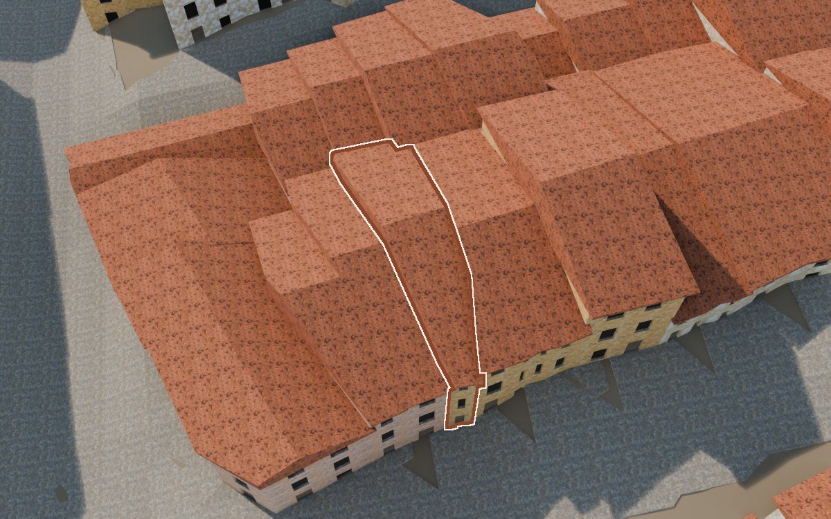Manzana 28, n.º 23 en la reconstrucción 3D, vista desde el lado en que mejor se ve, con su contorno marcado en teja entre las casas de alrededor