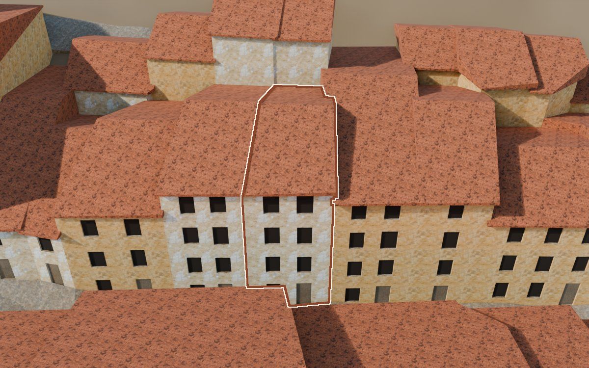 Manzana 43, n.º 11 en la reconstrucción 3D, vista desde su calle, con su contorno marcado en teja entre las casas de alrededor