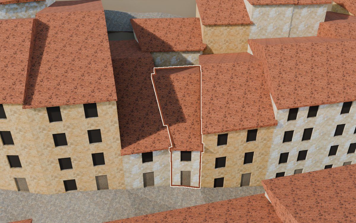 Manzana 43, n.º 8 en la reconstrucción 3D, vista desde su calle, con su contorno marcado en teja entre las casas de alrededor