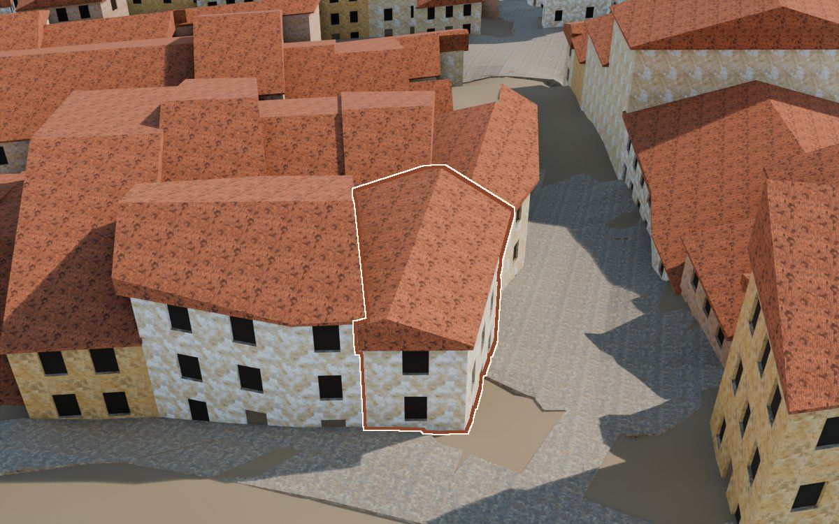 Manzana 43, n.º 27 en la reconstrucción 3D, vista desde su calle, con su contorno marcado en teja entre las casas de alrededor