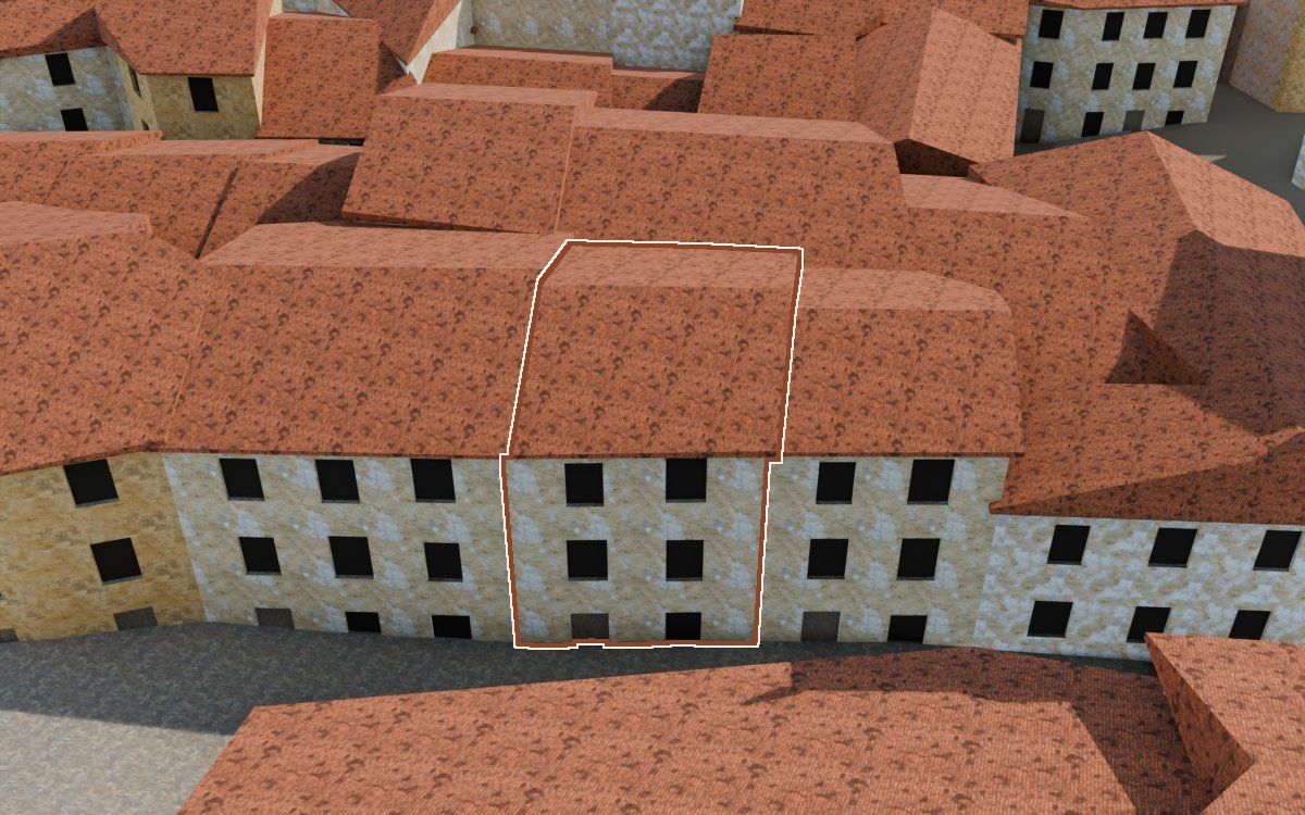 Manzana 23, n.º 7 en la reconstrucción 3D, vista desde su calle, con su contorno marcado en teja entre las casas de alrededor