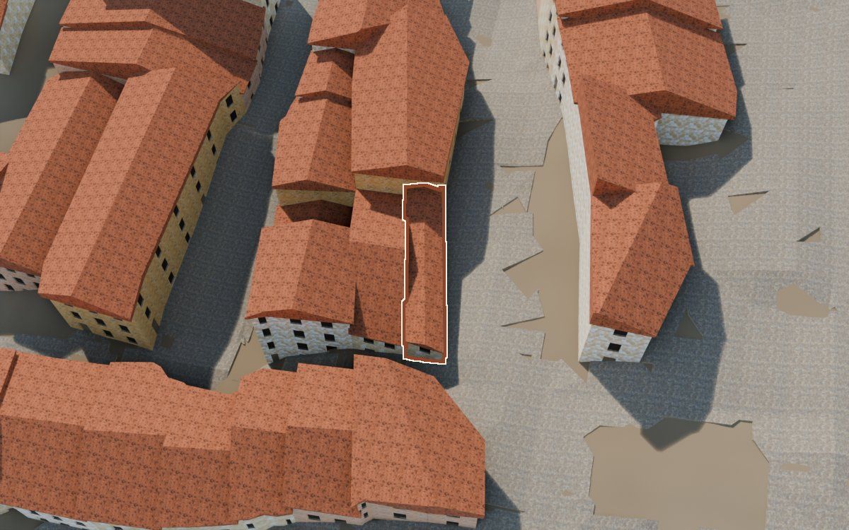 Manzana 44, n.º 9 en la reconstrucción 3D, vista desde el lado en que mejor se ve, con su contorno marcado en teja entre las casas de alrededor