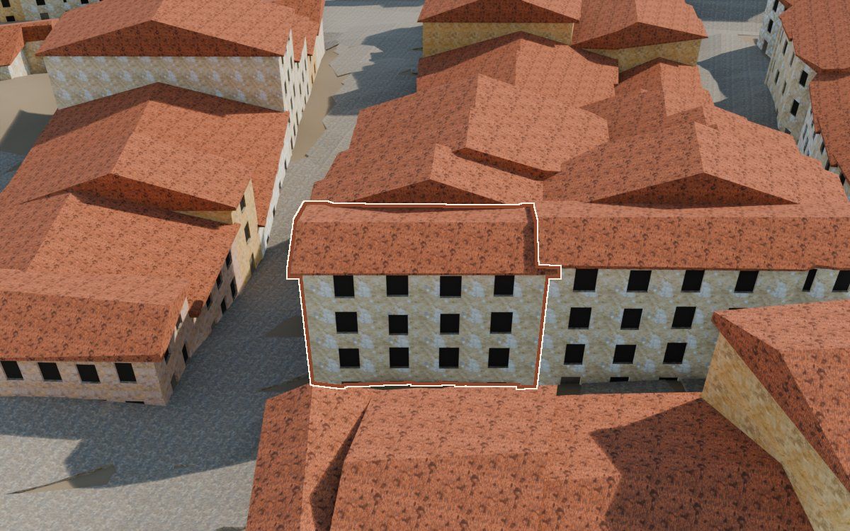 Manzana 28, n.º 34 en la reconstrucción 3D, vista desde su calle, con su contorno marcado en teja entre las casas de alrededor