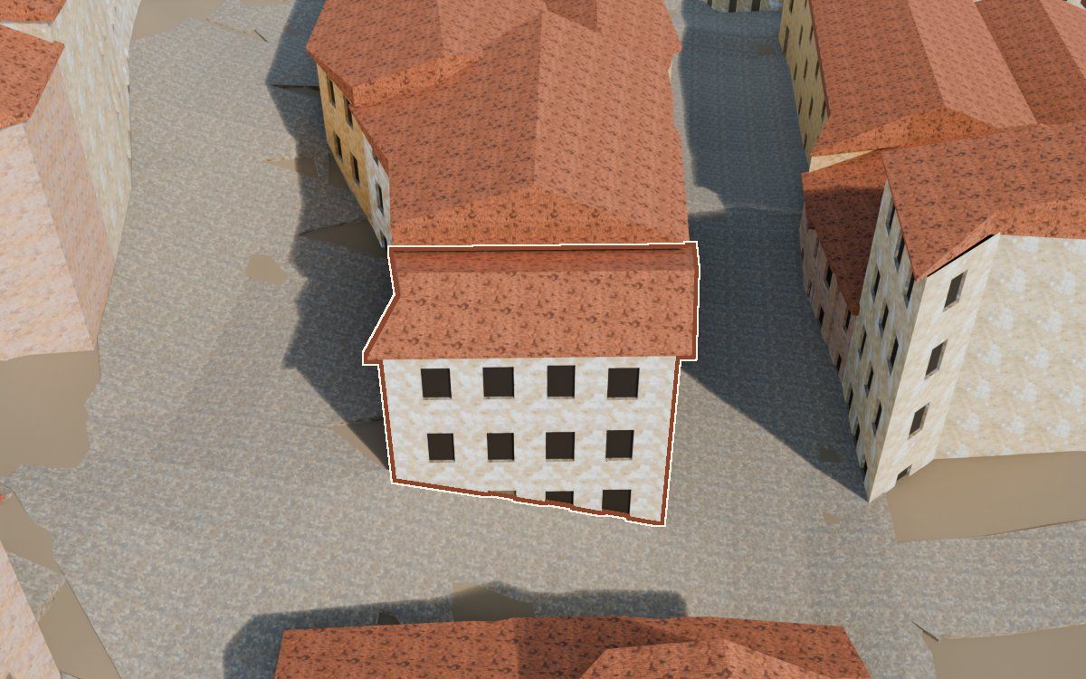 Manzana 44, n.º 1 en la reconstrucción 3D, vista desde su calle, con su contorno marcado en teja entre las casas de alrededor
