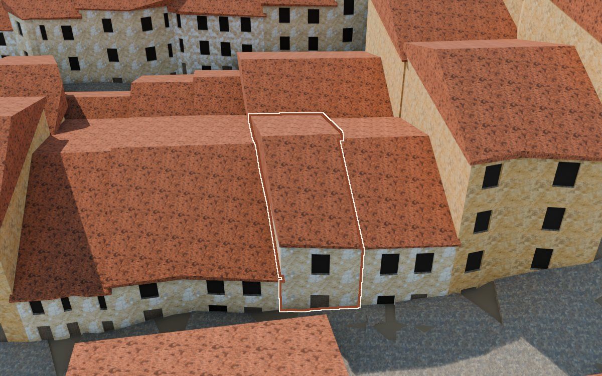 Manzana 28, n.º 28 en la reconstrucción 3D, vista desde su calle, con su contorno marcado en teja entre las casas de alrededor