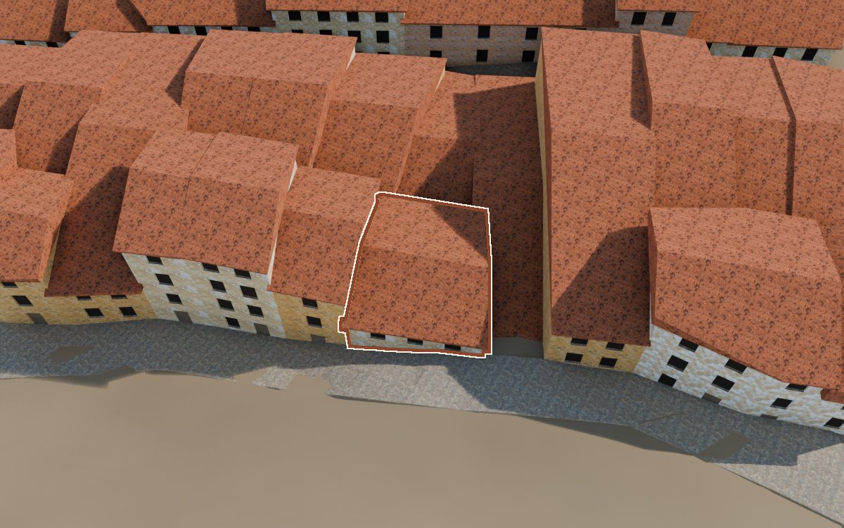 Manzana 43, n.º 25 en la reconstrucción 3D, vista desde el lado en que mejor se ve, con su contorno marcado en teja entre las casas de alrededor