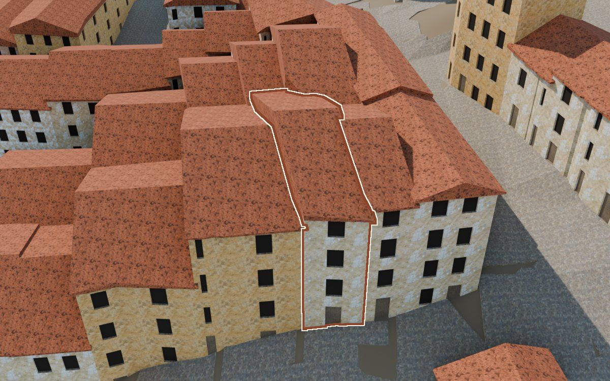Manzana 28, n.º 32 en la reconstrucción 3D, vista desde su calle, con su contorno marcado en teja entre las casas de alrededor