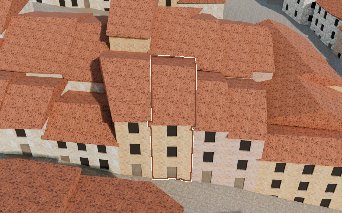 Manzana 28, n.º 12 en la reconstrucción 3D, vista desde su calle, con su contorno marcado en teja entre las casas de alrededor