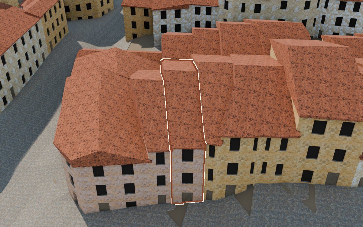 Manzana 28, n.º 22 en la reconstrucción 3D, vista desde su calle, con su contorno marcado en teja entre las casas de alrededor