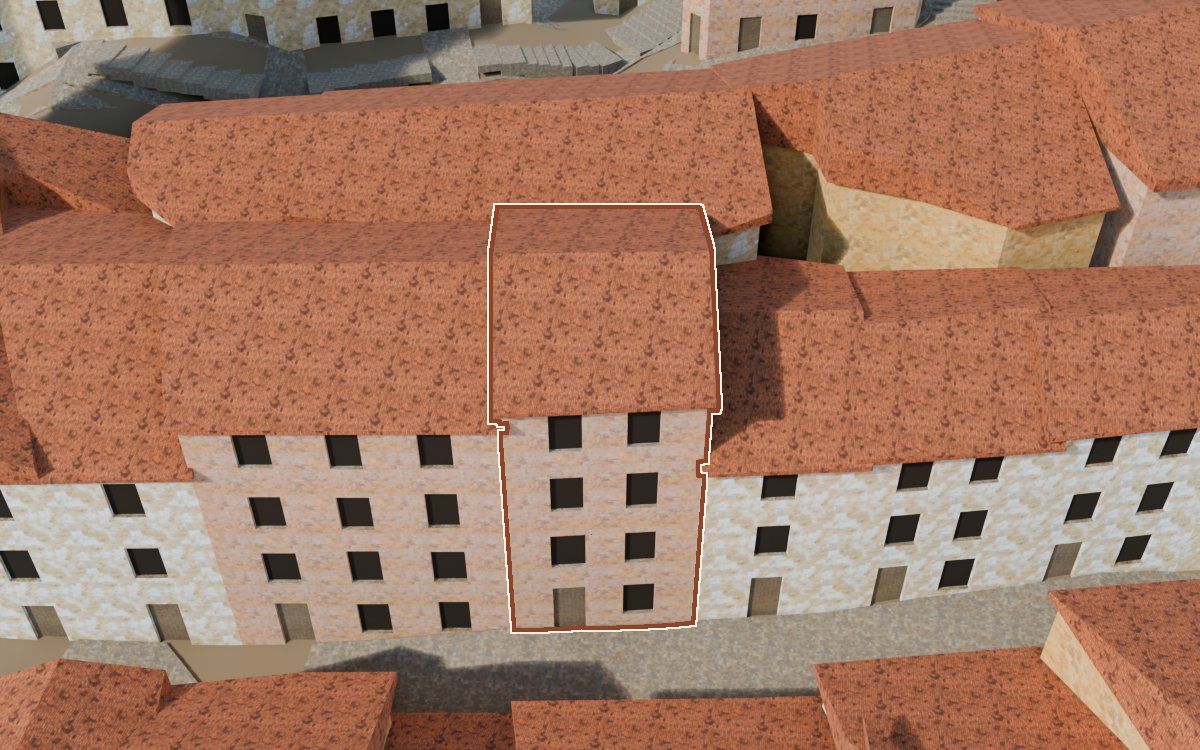 Manzana 23, n.º 19 en la reconstrucción 3D, vista desde el lado en que mejor se ve, con su contorno marcado en teja entre las casas de alrededor
