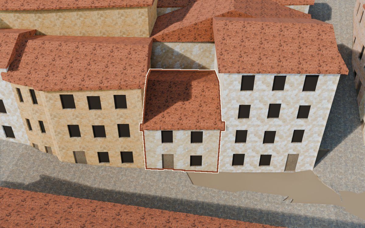 Manzana 44, n.º 6 en la reconstrucción 3D, vista desde su calle, con su contorno marcado en teja entre las casas de alrededor
