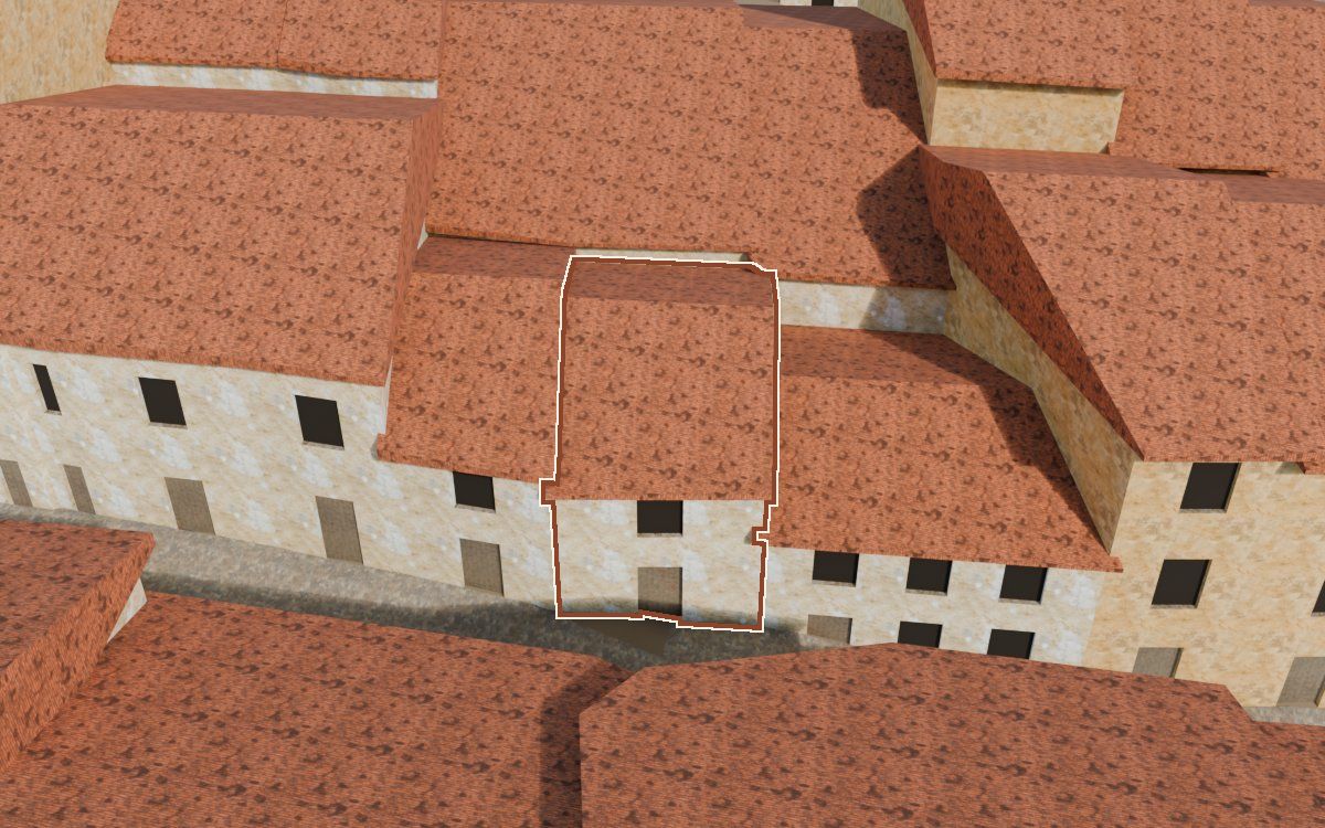 Manzana 28, n.º 8 en la reconstrucción 3D, vista desde su calle, con su contorno marcado en teja entre las casas de alrededor