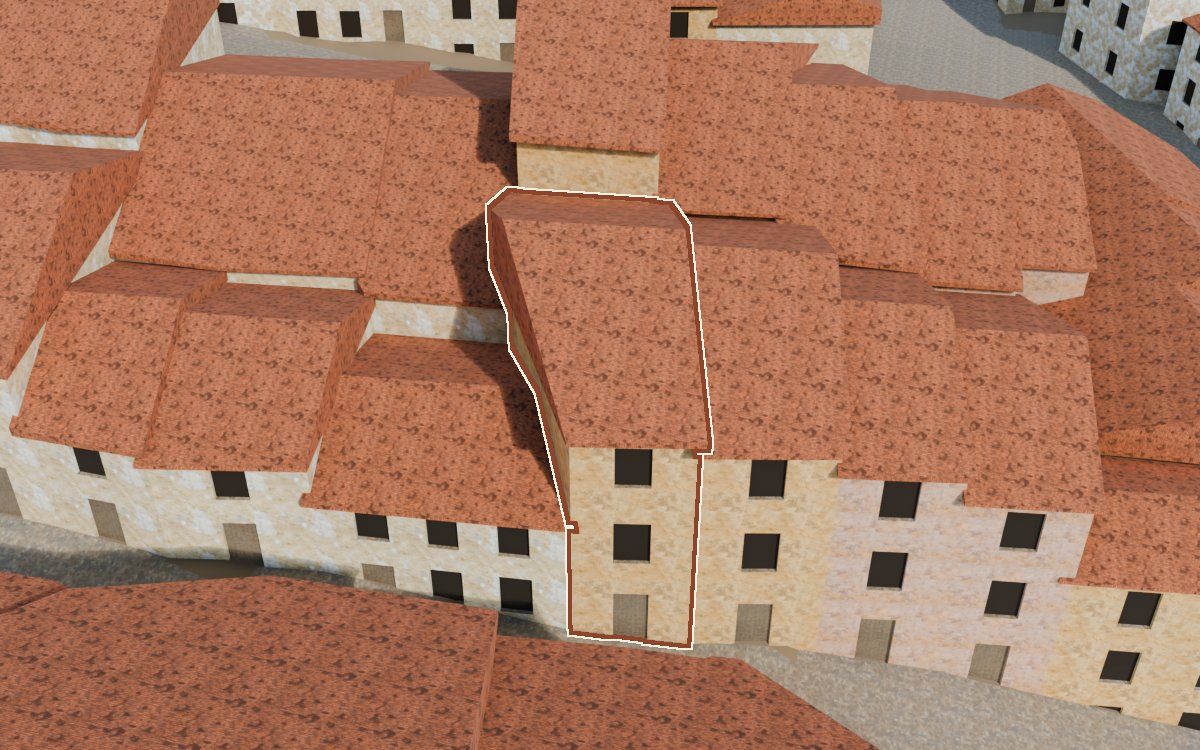 Manzana 28, n.º 11 en la reconstrucción 3D, vista desde su calle, con su contorno marcado en teja entre las casas de alrededor