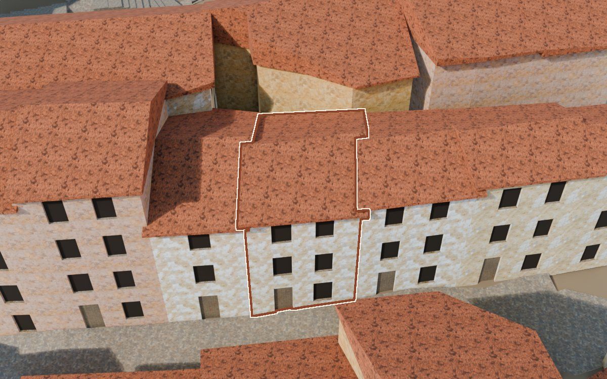 Manzana 23, n.º 17 en la reconstrucción 3D, vista desde el lado en que mejor se ve, con su contorno marcado en teja entre las casas de alrededor