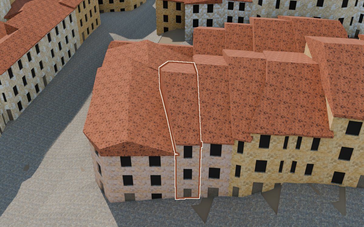 Manzana 28, n.º 21 en la reconstrucción 3D, vista desde su calle, con su contorno marcado en teja entre las casas de alrededor