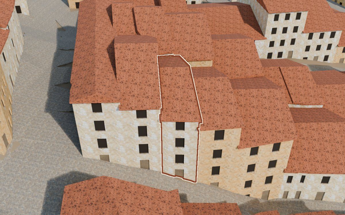 Manzana 28, n.º 3 en la reconstrucción 3D, vista desde su calle, con su contorno marcado en teja entre las casas de alrededor