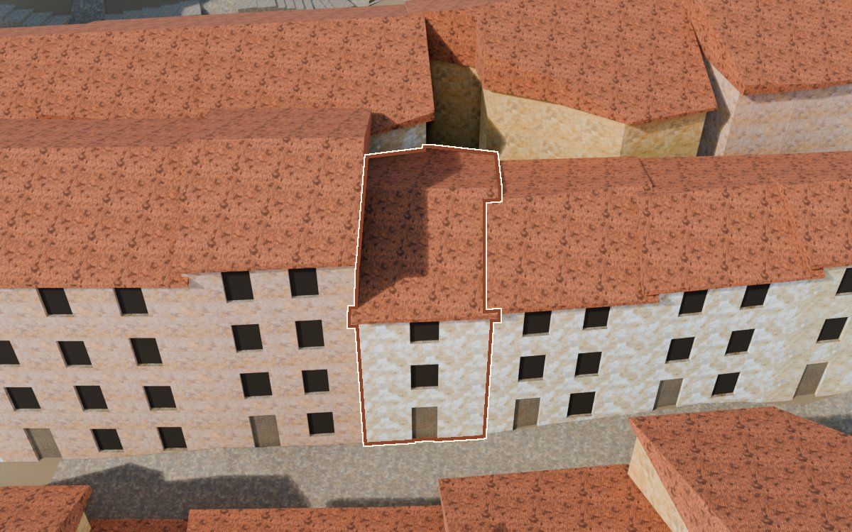 Manzana 23, n.º 18 en la reconstrucción 3D, vista desde el lado en que mejor se ve, con su contorno marcado en teja entre las casas de alrededor
