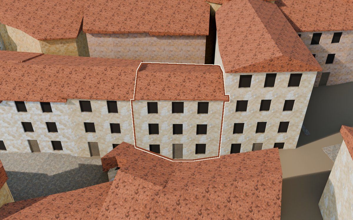 Casa del Carrer Major (Calle Mayor) en la reconstrucción 3D, vista desde su calle, con su contorno marcado en teja entre las casas de alrededor
