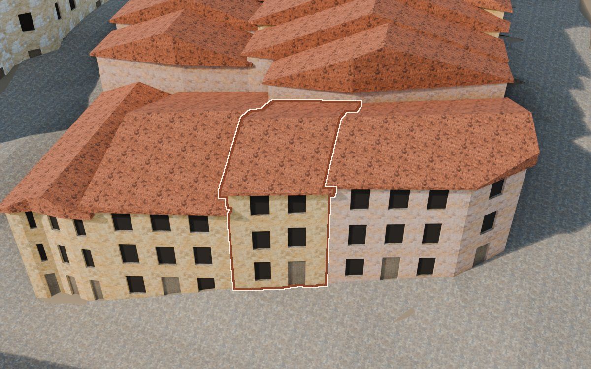 Manzana 28, n.º 18 en la reconstrucción 3D, vista desde su calle, con su contorno marcado en teja entre las casas de alrededor