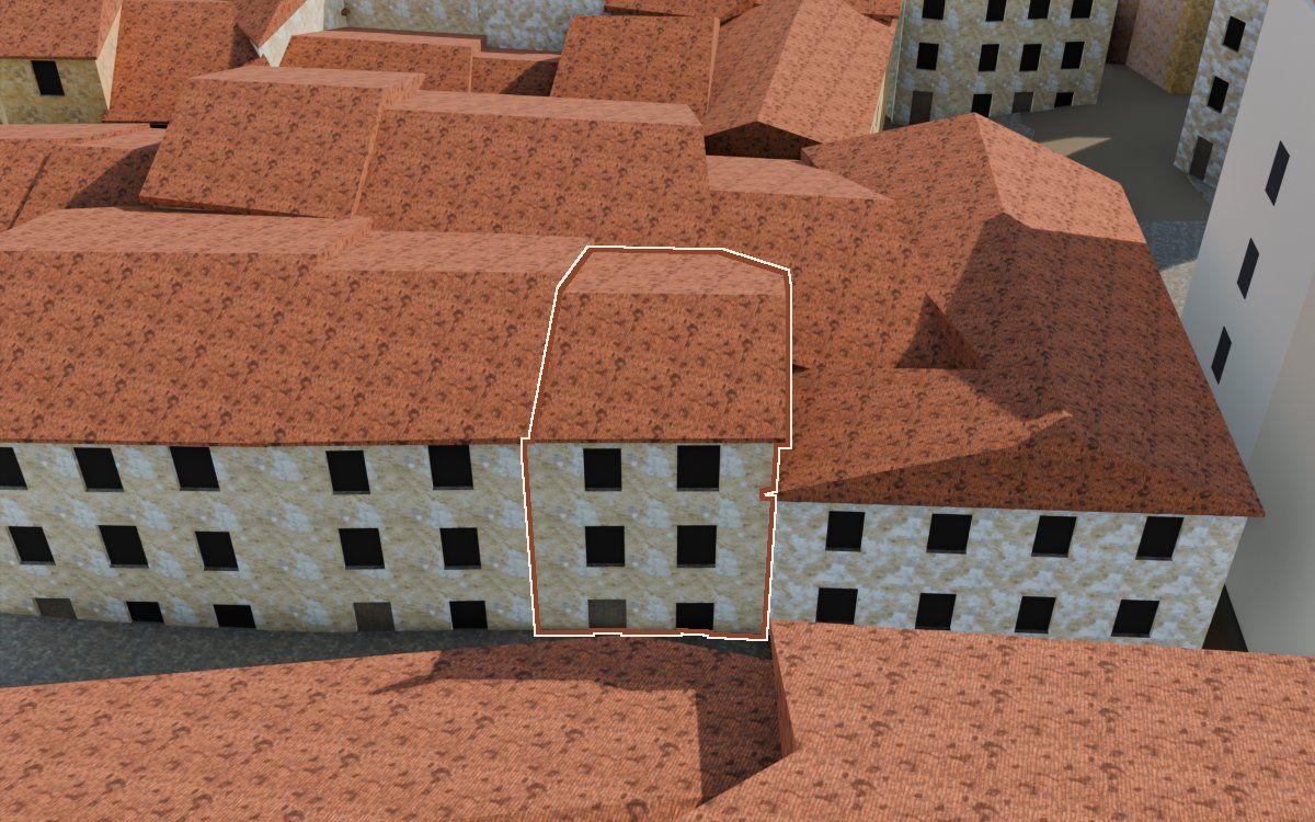 Manzana 23, n.º 6 en la reconstrucción 3D, vista desde su calle, con su contorno marcado en teja entre las casas de alrededor