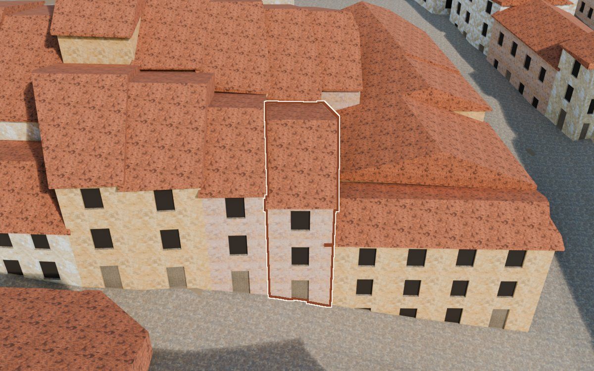 Casa del Carrer Magdalena (Calle Magdalena) en la reconstrucción 3D, vista desde su calle, con su contorno marcado en teja entre las casas de alrededor