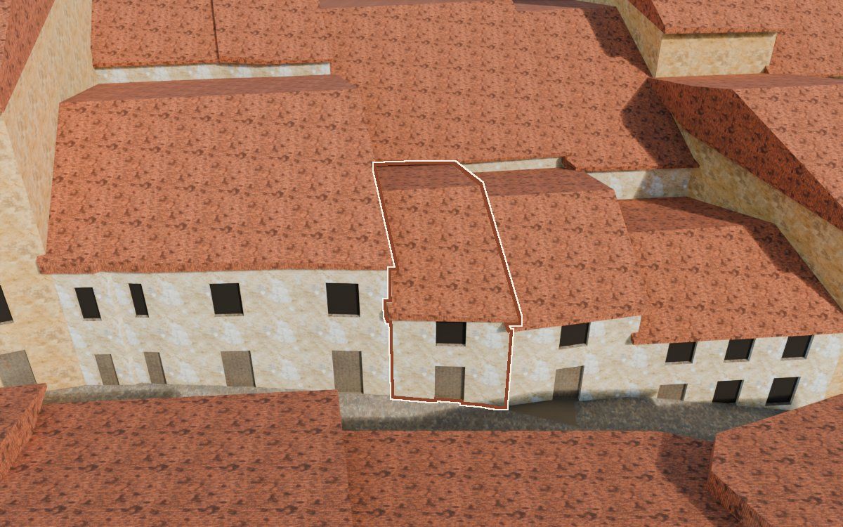 Manzana 28, n.º 7 en la reconstrucción 3D, vista desde su calle, con su contorno marcado en teja entre las casas de alrededor