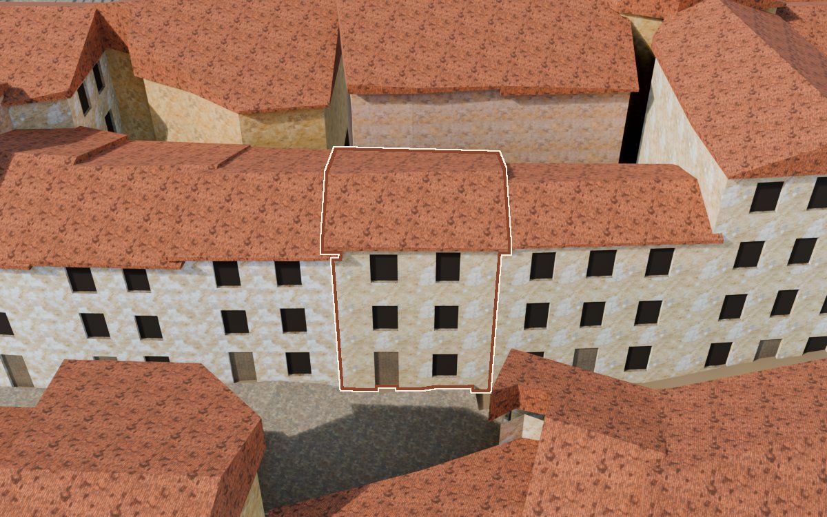Manzana 23, n.º 15 en la reconstrucción 3D, vista desde su calle, con su contorno marcado en teja entre las casas de alrededor
