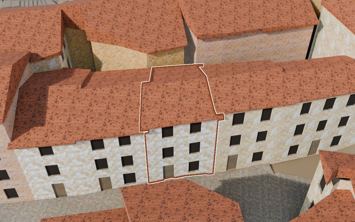 Manzana 23, n.º 16 en la reconstrucción 3D, vista desde el lado en que mejor se ve, con su contorno marcado en teja entre las casas de alrededor
