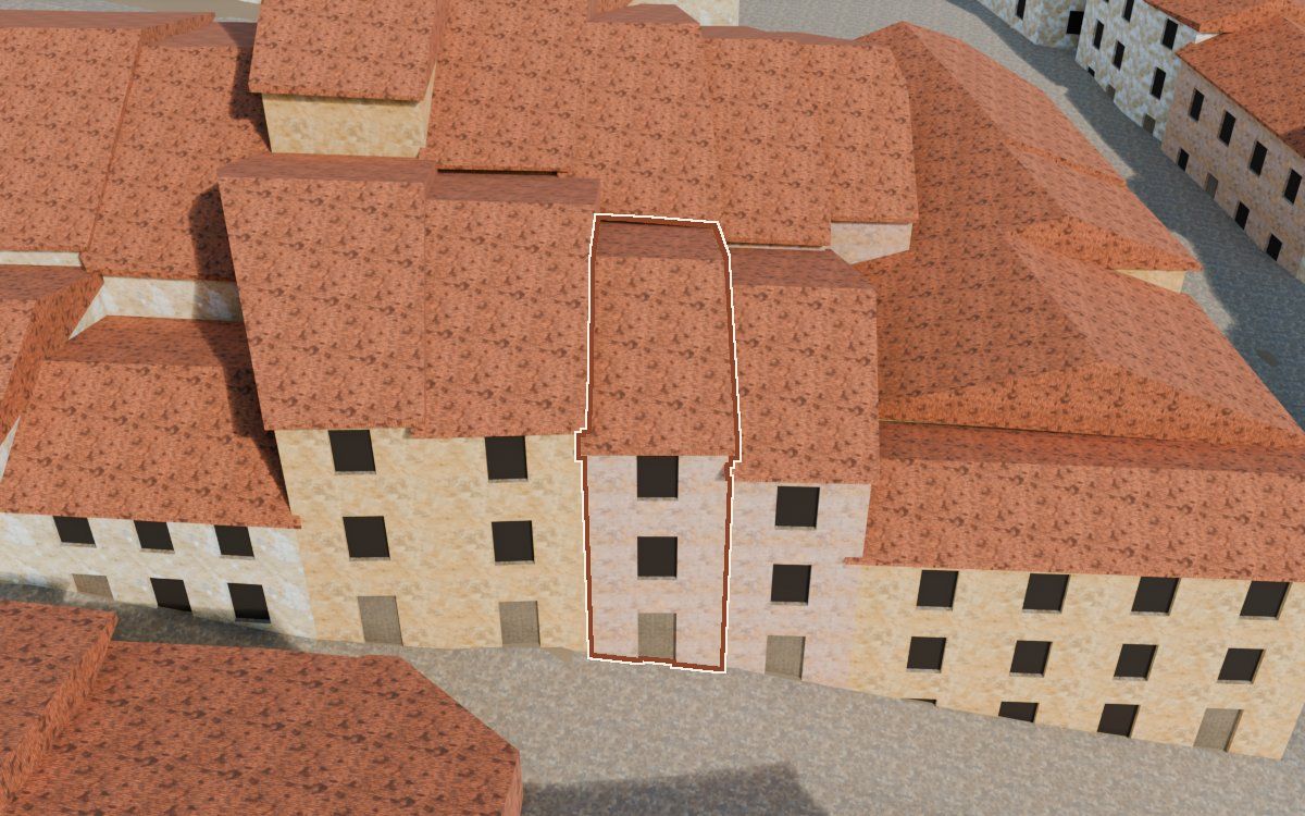 Manzana 28, n.º 13 en la reconstrucción 3D, vista desde su calle, con su contorno marcado en teja entre las casas de alrededor